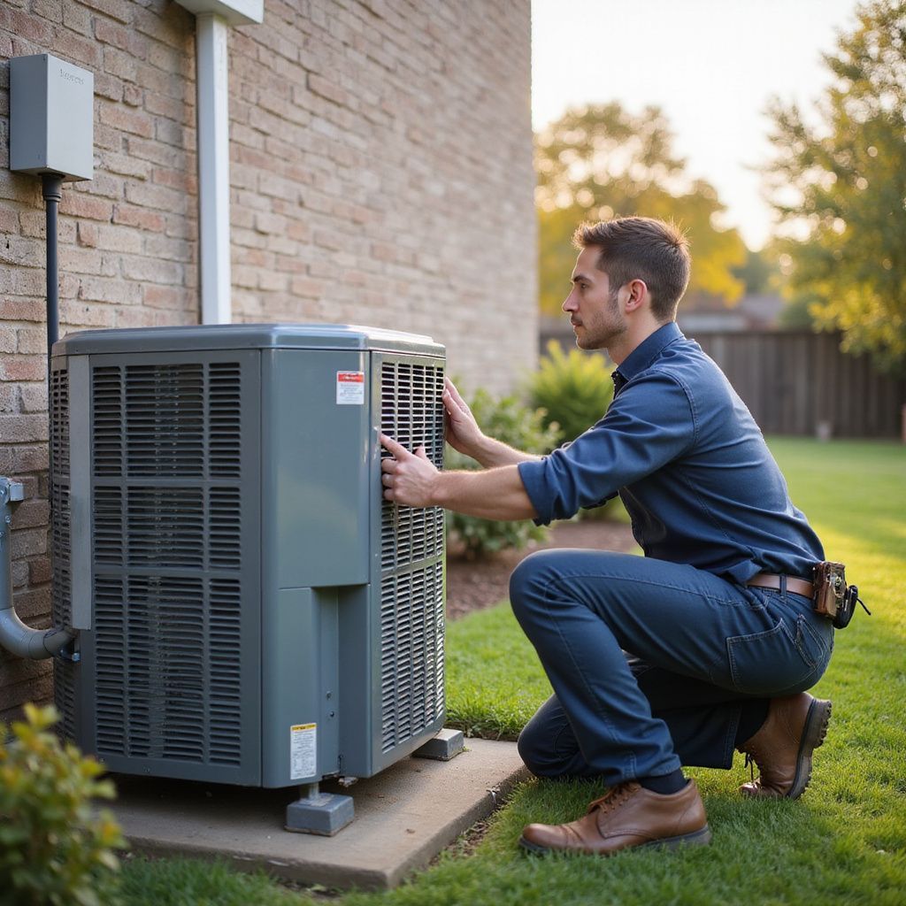 HVAC technician crouches to inspect an air conditioning unit outside a brick building.