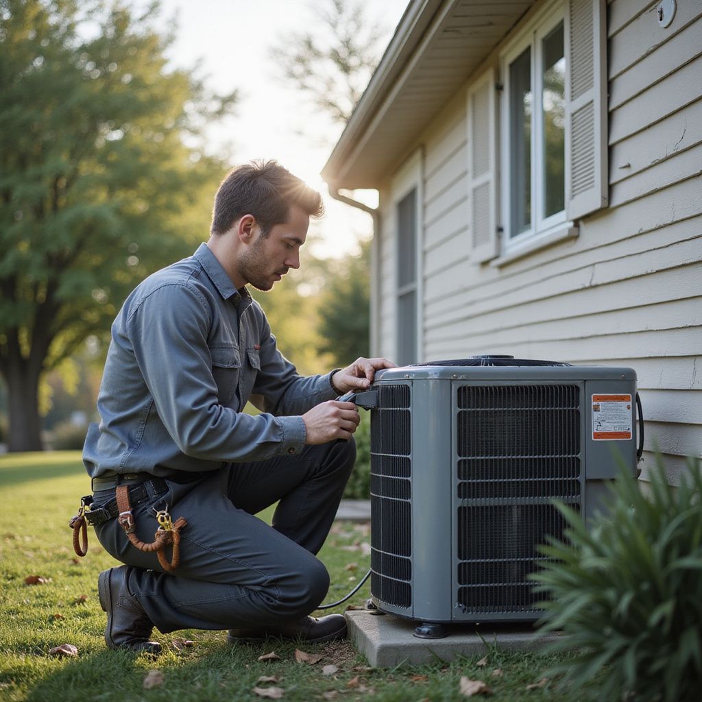 HVAC technician kneeling by outdoor AC unit, using a tool. Near a house, sunny day.
