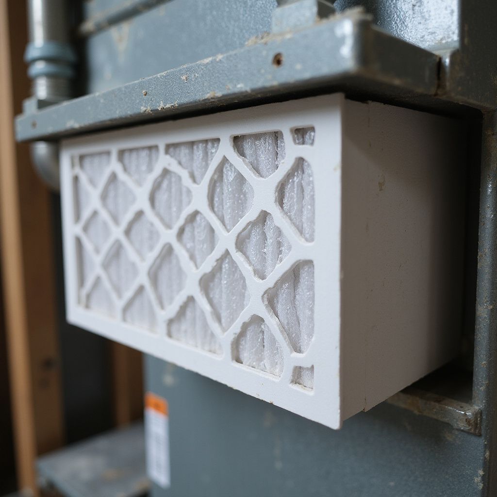 White air filter in a gray furnace, the filter is placed in a rectangular slot.