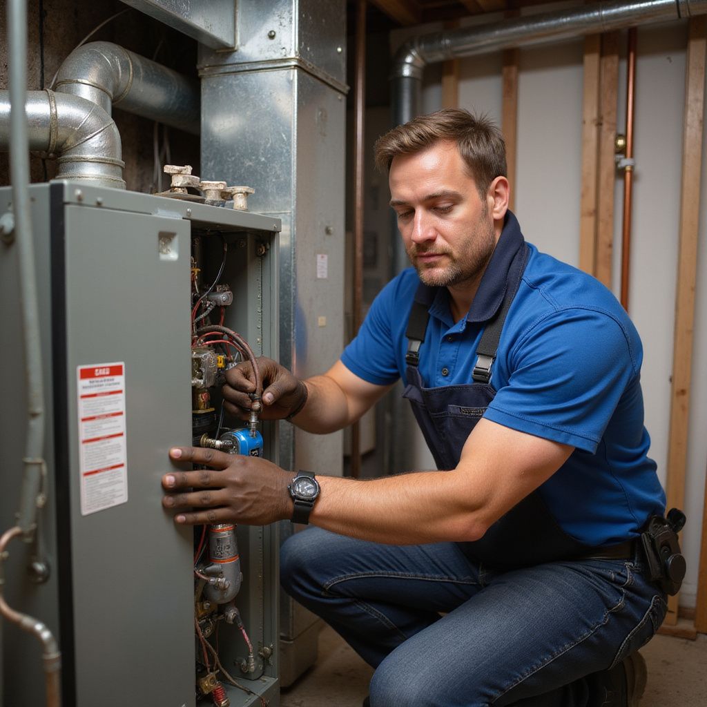 HVAC technician in blue overalls kneeling, inspecting a furnace. Dark gloves, watch, and tools visible. Basement setting.