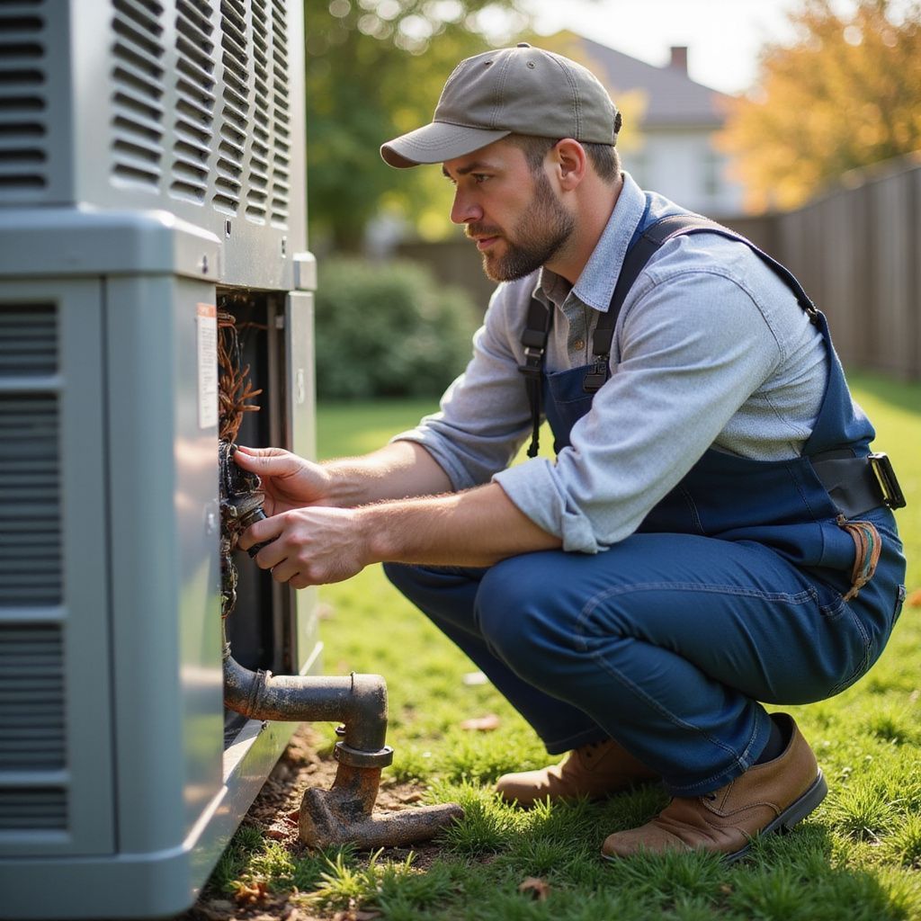 HVAC technician in blue overalls crouches, inspecting an air conditioning unit outside.