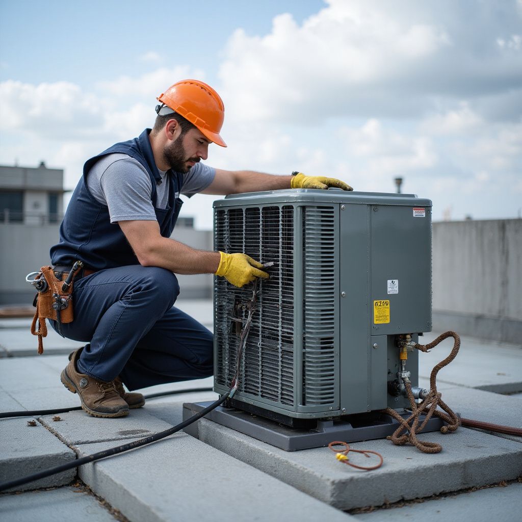 HVAC technician in hard hat inspects rooftop air conditioner unit, wearing gloves.