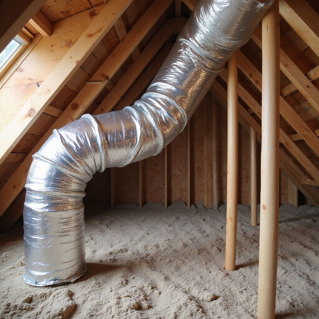 Flexible silver ductwork curves through an attic, surrounded by wood framing and insulation.