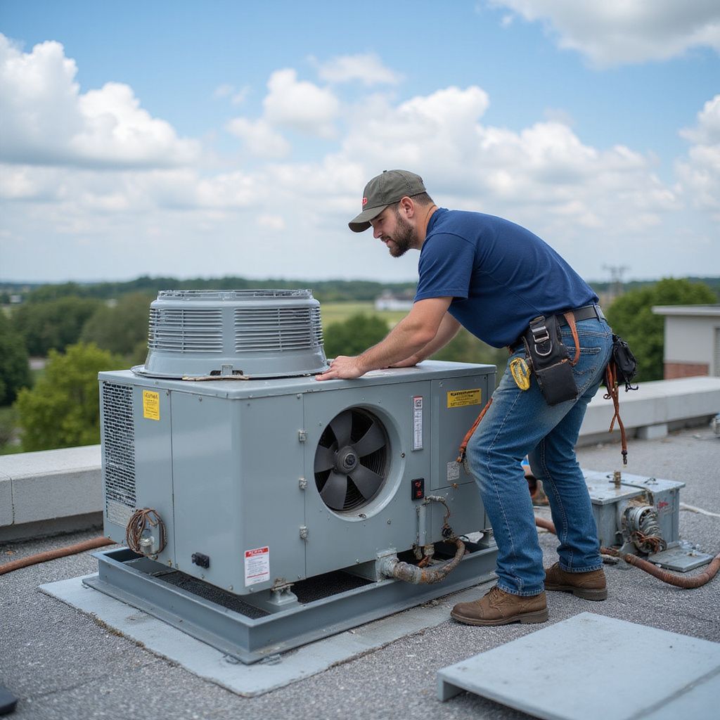 HVAC technician repairs rooftop unit under a cloudy sky.