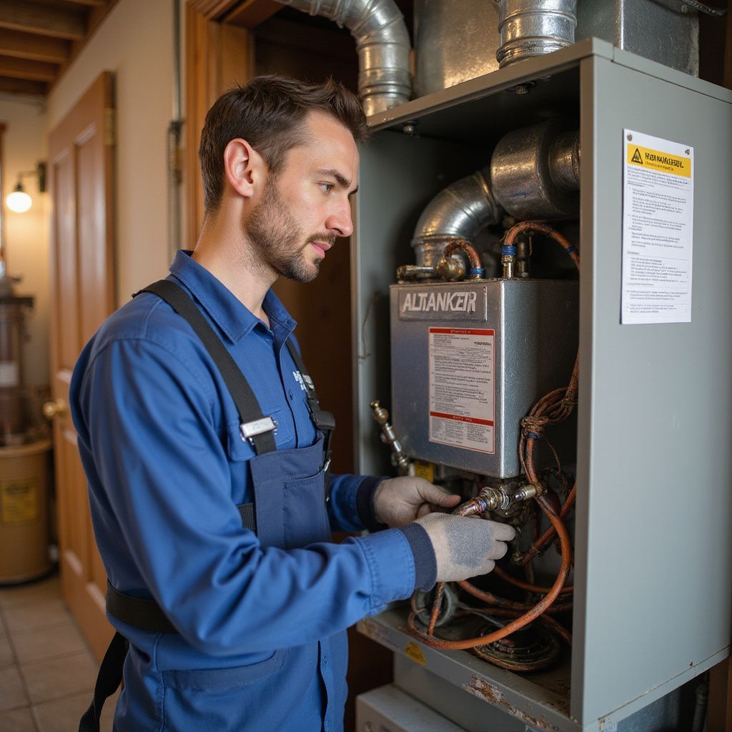 Technician in blue coveralls fixing a furnace; indoor setting.