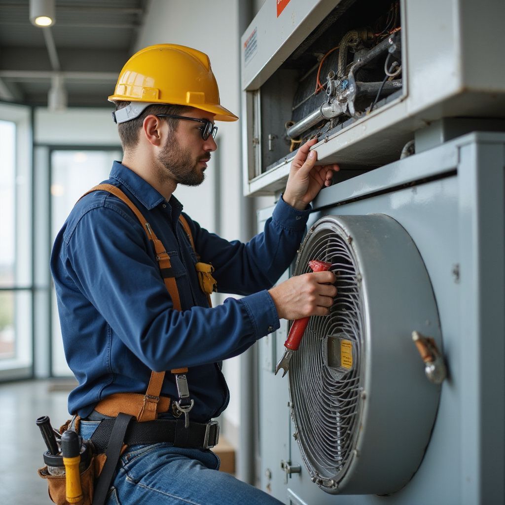 HVAC technician in yellow hard hat, working on a unit, using pliers.