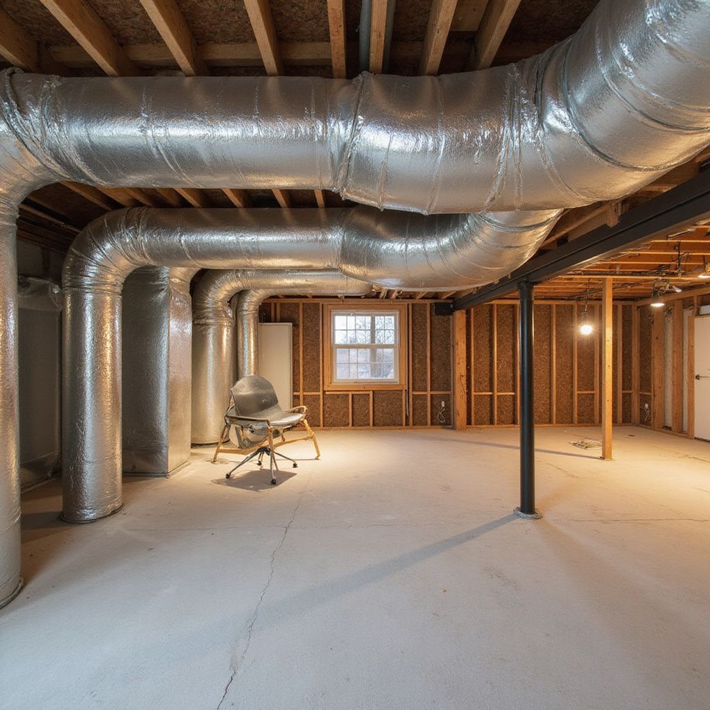 Basement with exposed ductwork, concrete floor, wooden beams, and a chair.