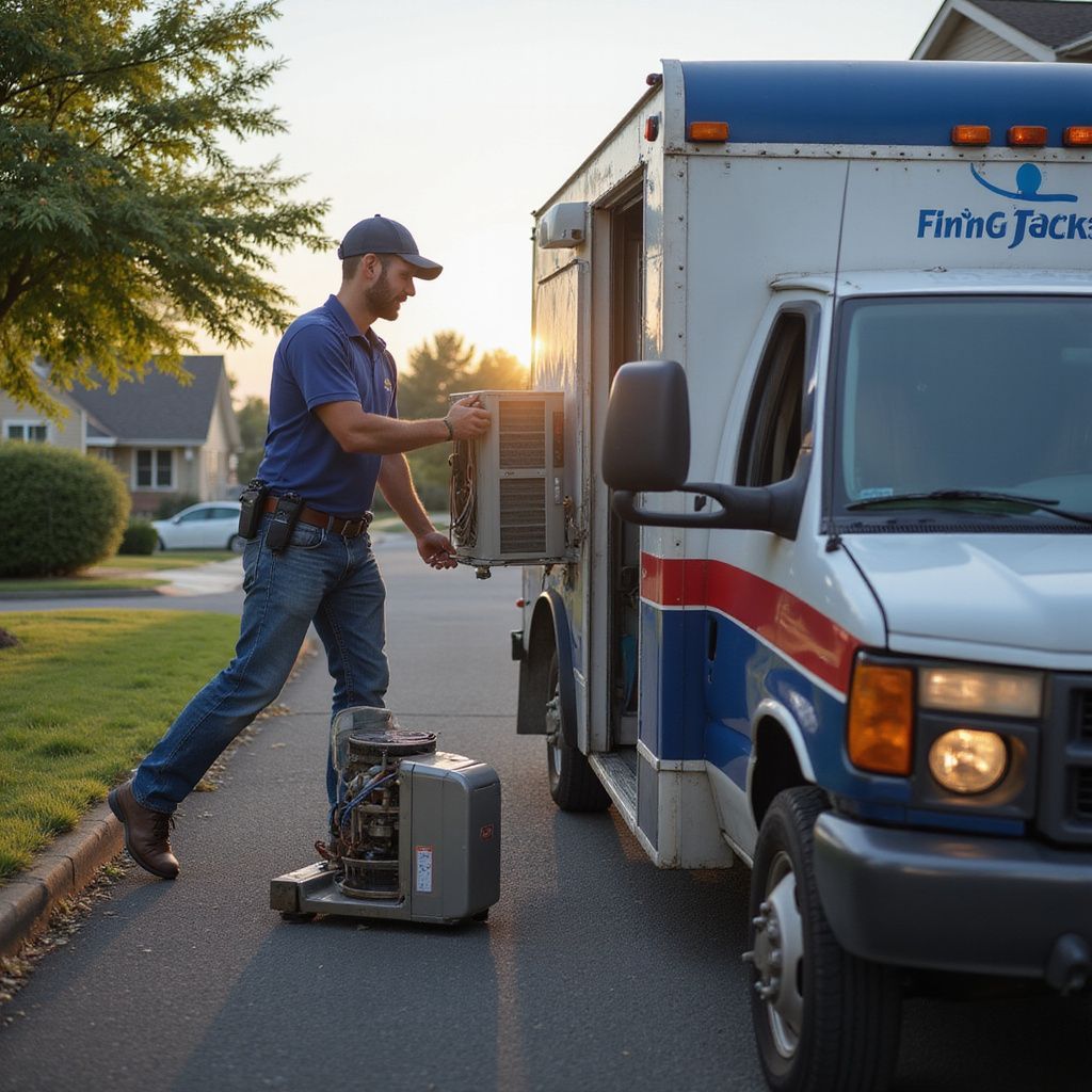 HVAC technician loading an air conditioning unit into a van at a home. Sunrise in the background.