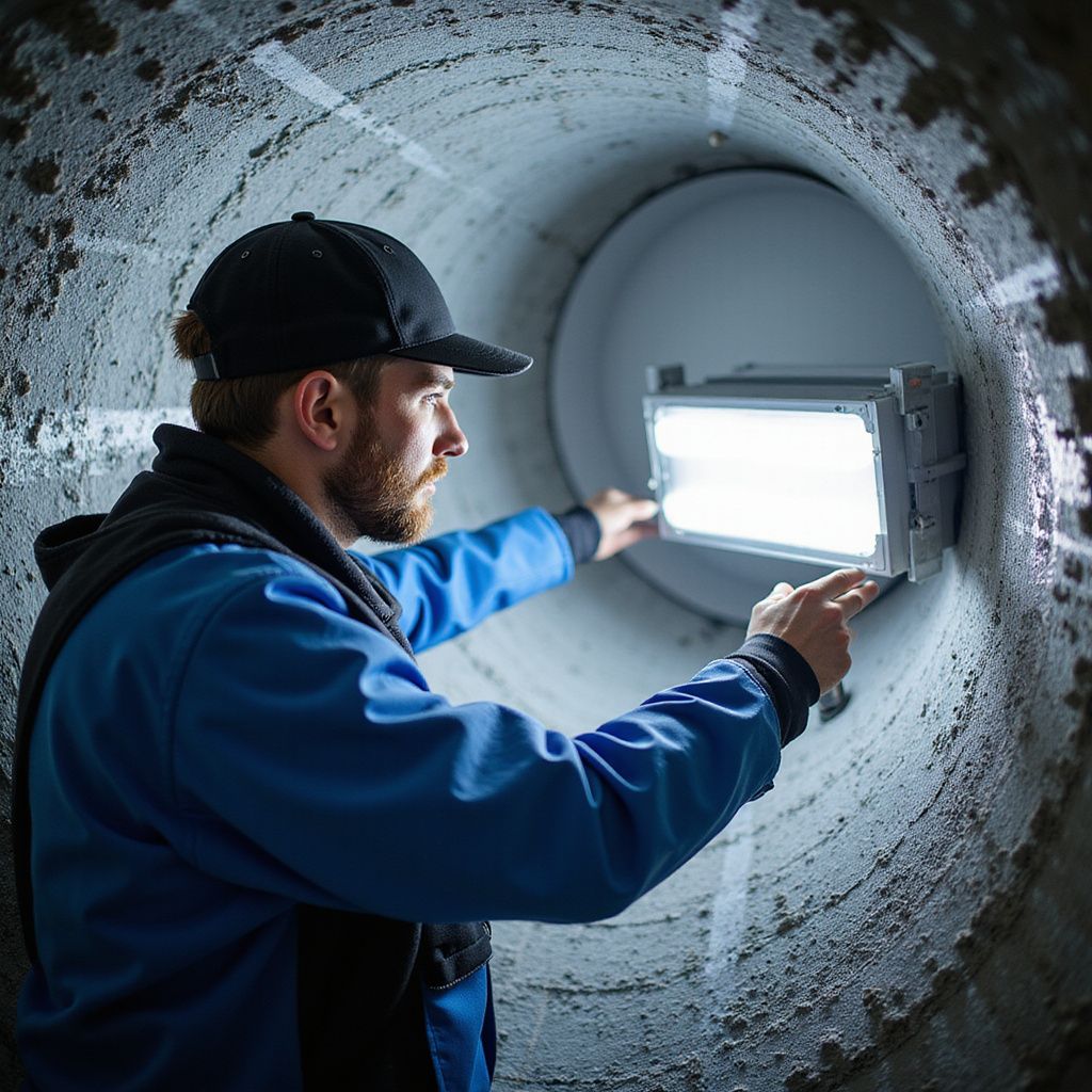 Man in blue uniform inspects a bright industrial light in a large, circular concrete structure.