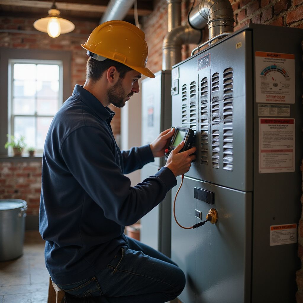 HVAC technician in a yellow hard hat examines a furnace. He kneels, using a handheld device in a brick-walled room.