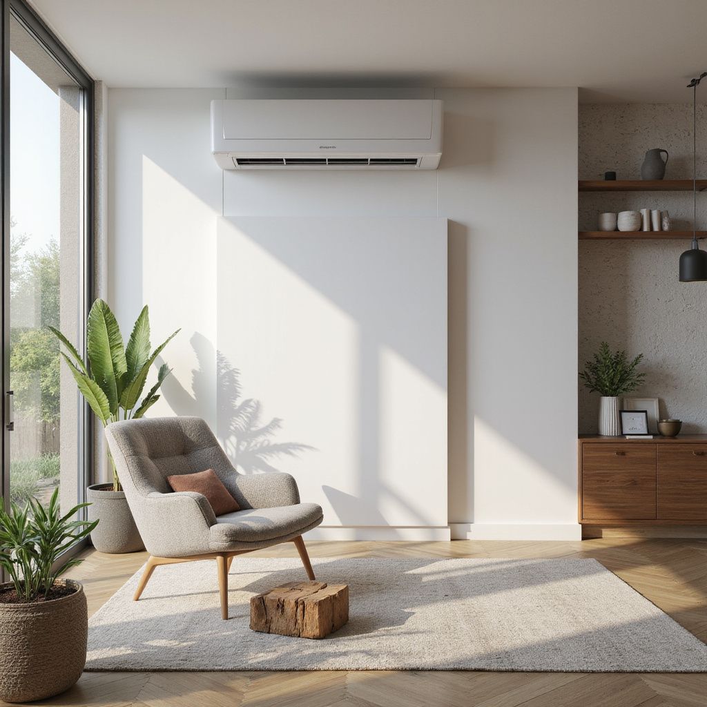 Modern living room with air conditioner, armchair, plants, and wooden accents.
