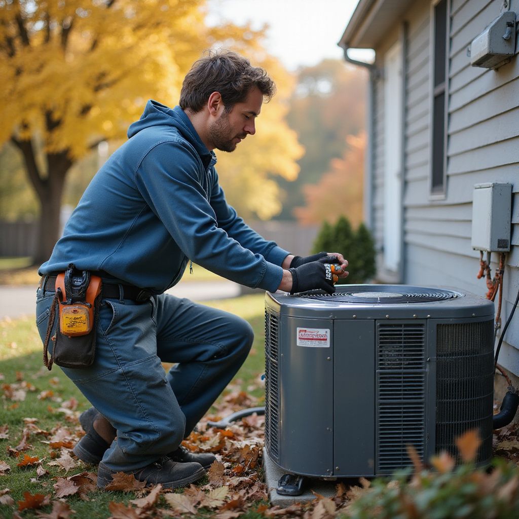 HVAC technician kneeling near an air conditioner unit, inspecting it. Autumn leaves, outdoor setting.