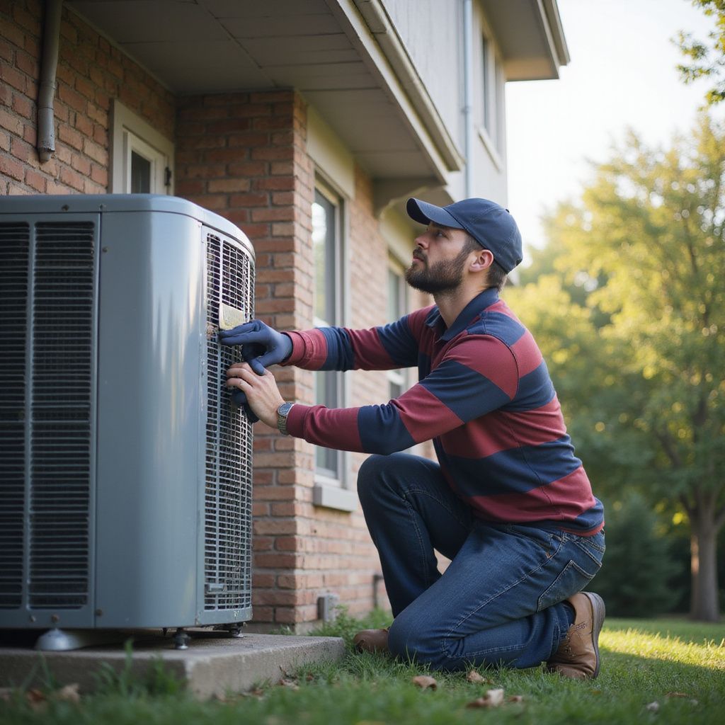 Man in a baseball cap inspecting an outdoor air conditioning unit next to a brick building.