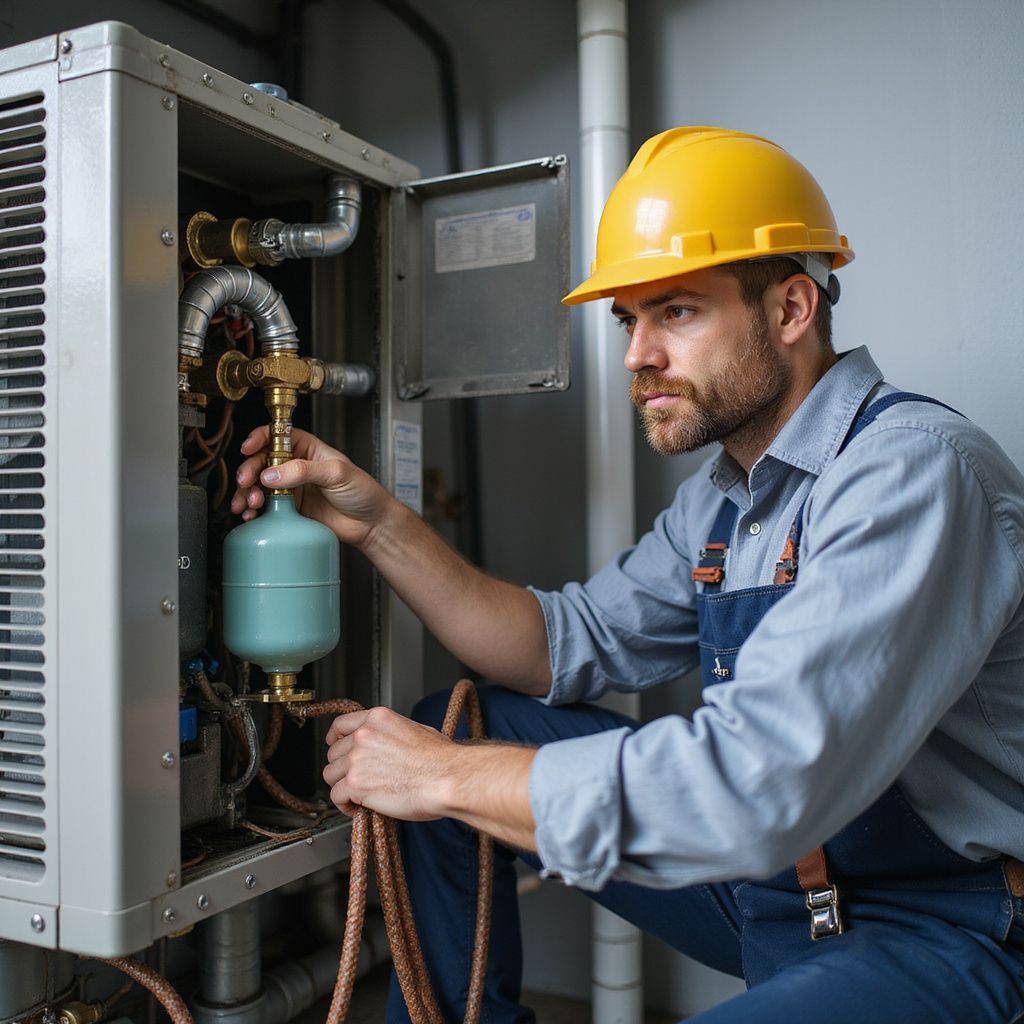 HVAC technician in overalls and hard hat working on equipment, indoor setting.