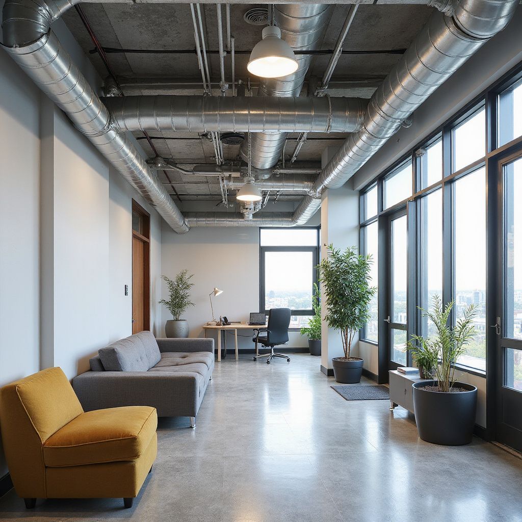 Office hallway with gray sofa, yellow armchair, desk, plants, and large windows.