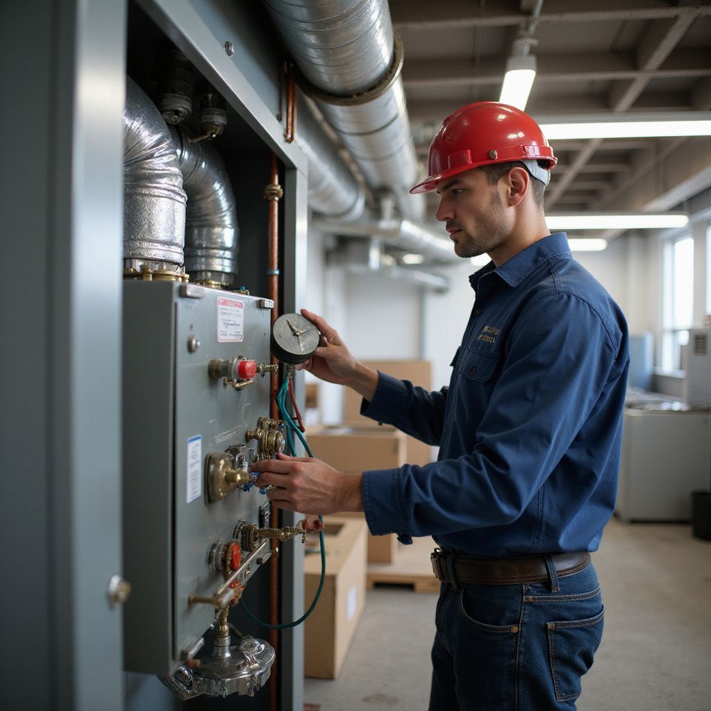 Man in hard hat checks gauge on machinery. Industrial setting with pipes and equipment.