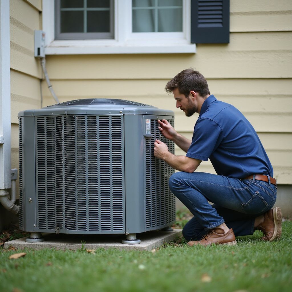 Man in blue shirt and jeans, inspecting an air conditioning unit outdoors.