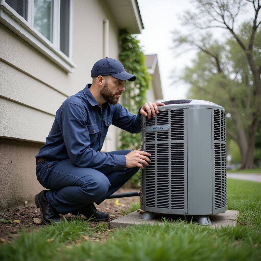 HVAC technician in blue jumpsuit examining an outdoor air conditioning unit next to a house.