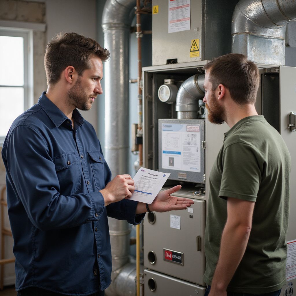 Two men examining paperwork near a furnace in a utility room.