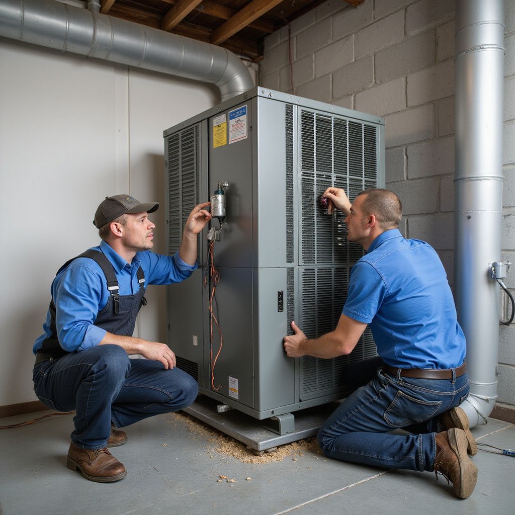 Two technicians inspecting an HVAC unit in a basement.