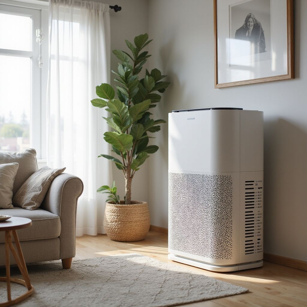 Living room with an air purifier, sofa, plant, and artwork.