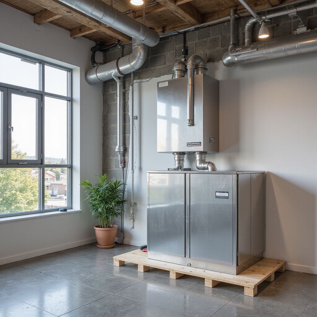 Stainless steel HVAC system on a wooden pallet in a room with a window and potted plant.