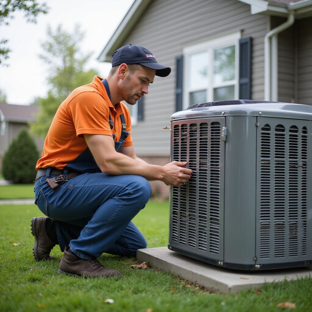 HVAC technician inspecting an outdoor air conditioning unit in a residential yard.