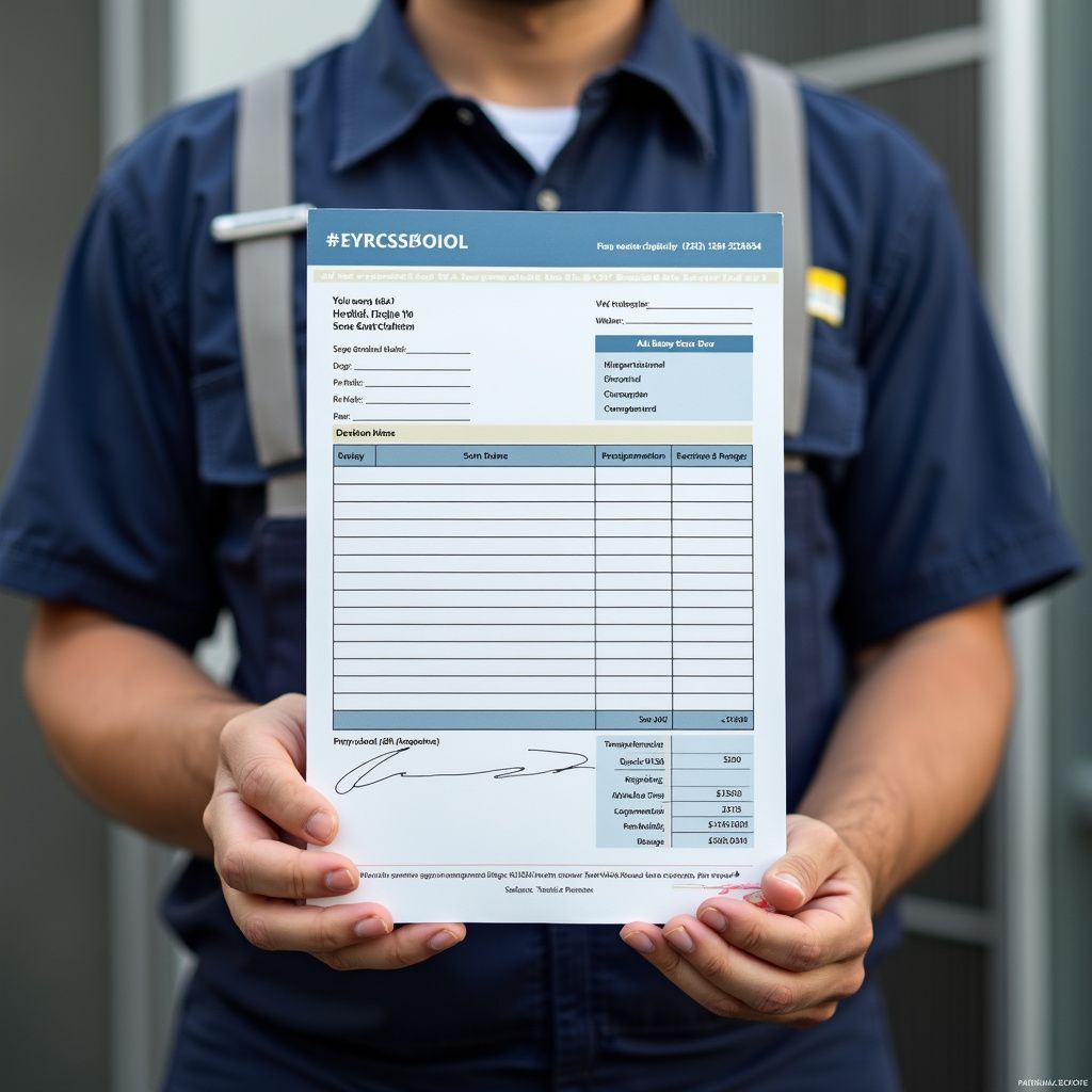 Person in work uniform holding a detailed invoice.