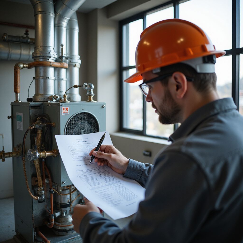 Man in hard hat examines paperwork near industrial equipment.
