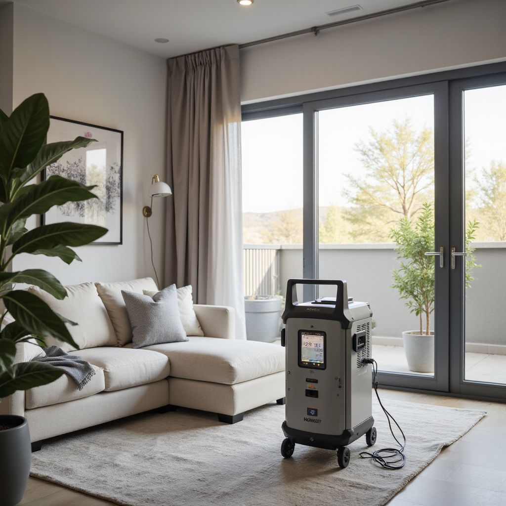 An air purifier in a modern living room. A sofa, rug, and large windows are visible.