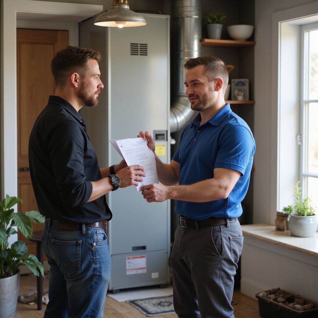 Two men by a furnace, one holding and showing papers.