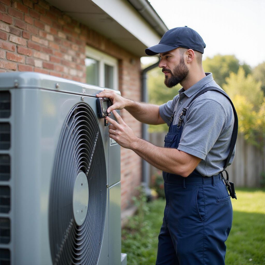 HVAC technician in blue overalls working on an outdoor air conditioning unit next to a brick building.