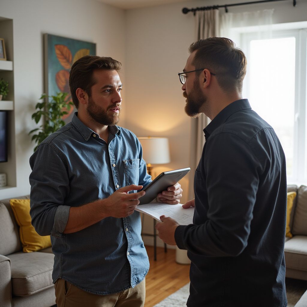 Two men discussing documents in a living room, one holding a tablet.