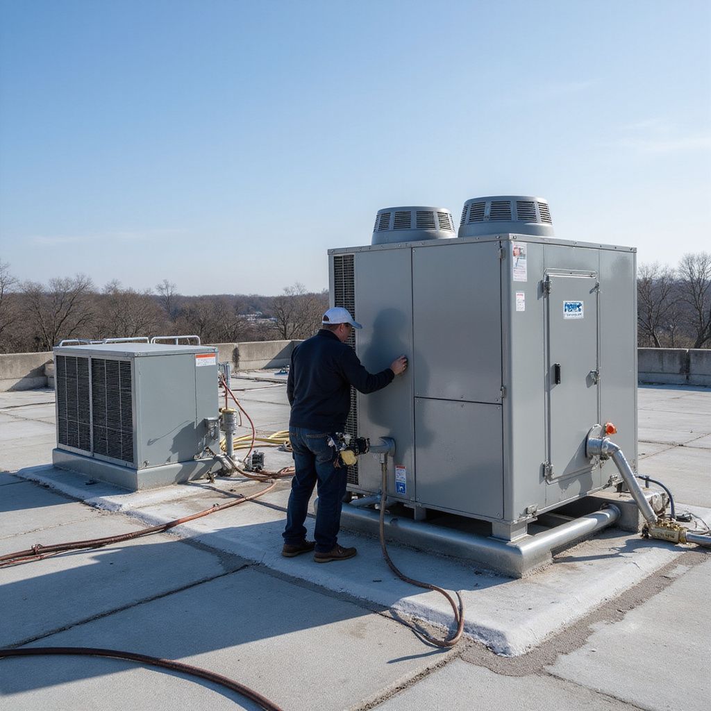 HVAC technician inspecting rooftop unit on a sunny day.