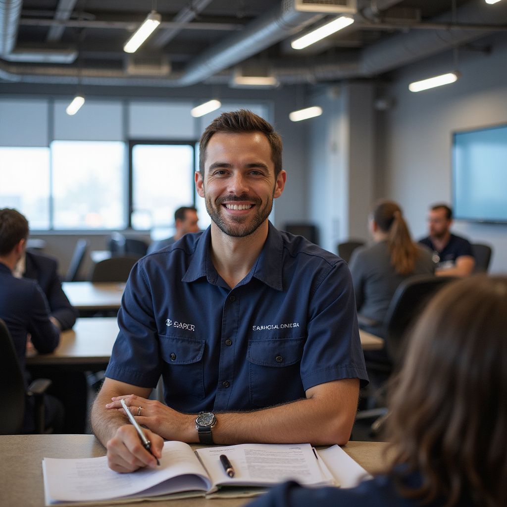 Smiling man in a blue shirt at a table in a meeting, taking notes. Other people are visible in the background.