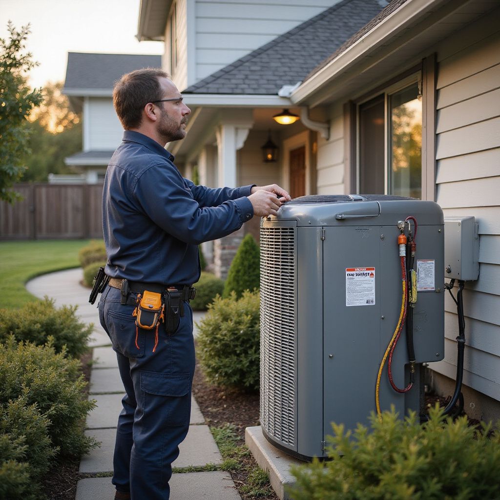 HVAC technician in blue uniform inspecting an air conditioner unit outside a home.
