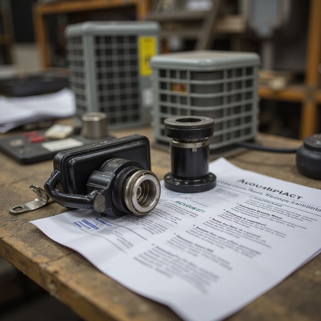 Close-up of tools and papers on a wooden table, with air conditioning units in the background.