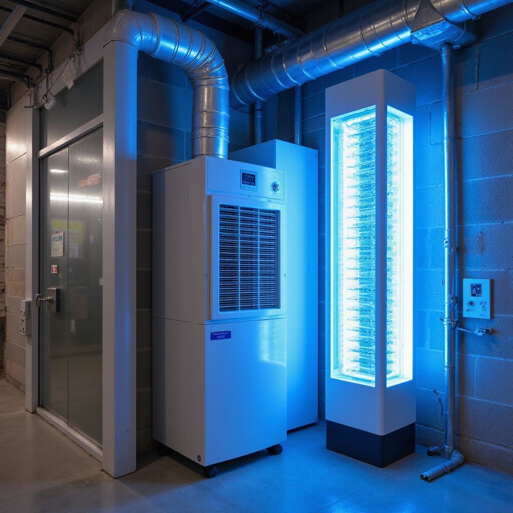 Blue-lit air purification system with ducts and a glass door in a concrete-walled room.