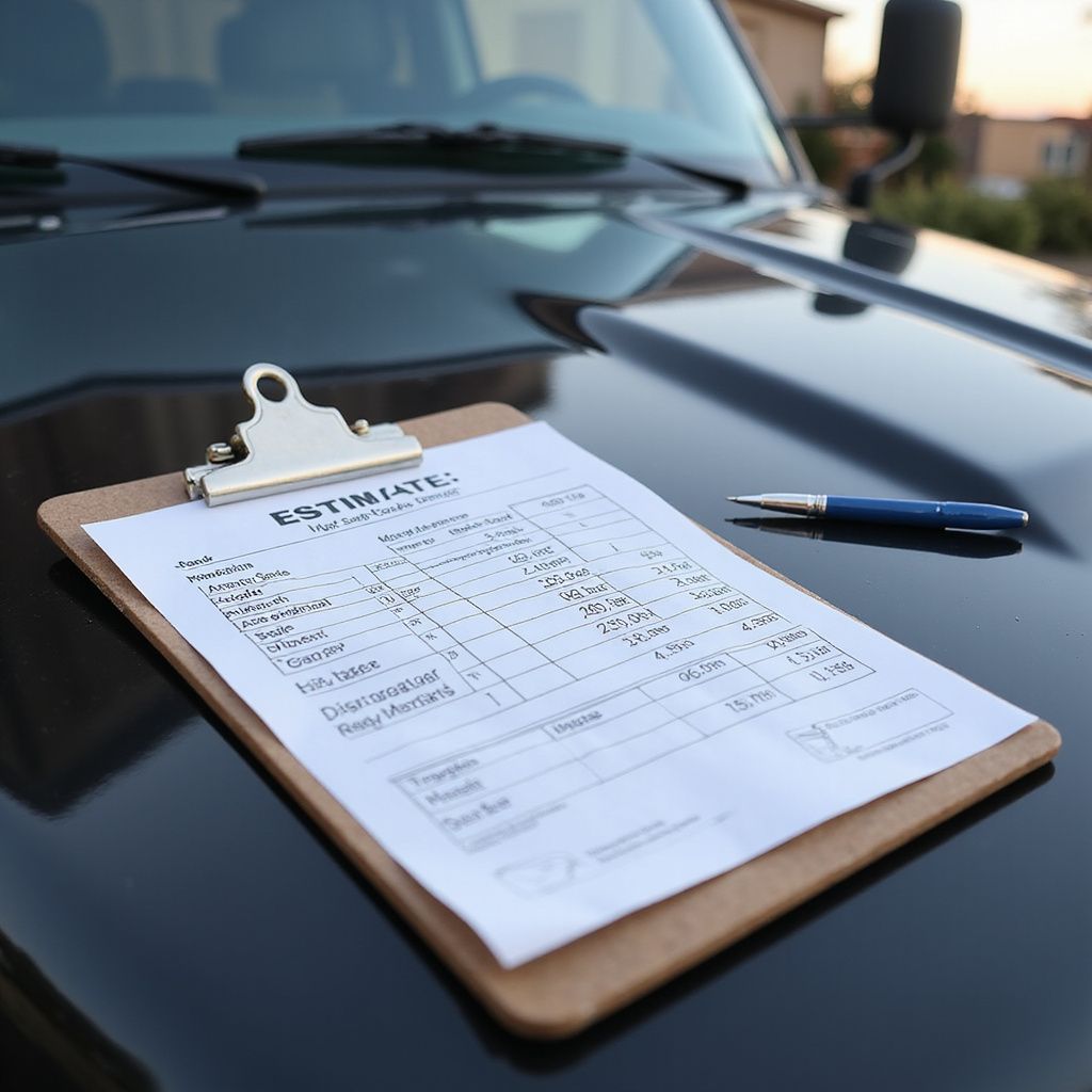 Clipboard with document and pen on the hood of a dark vehicle.