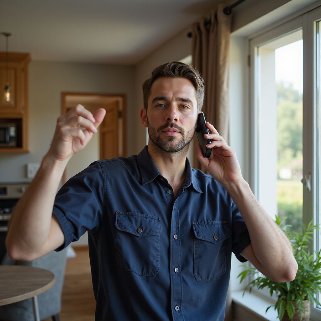 Man on phone, gesturing with one hand, inside a home near a window. He wears a blue shirt.