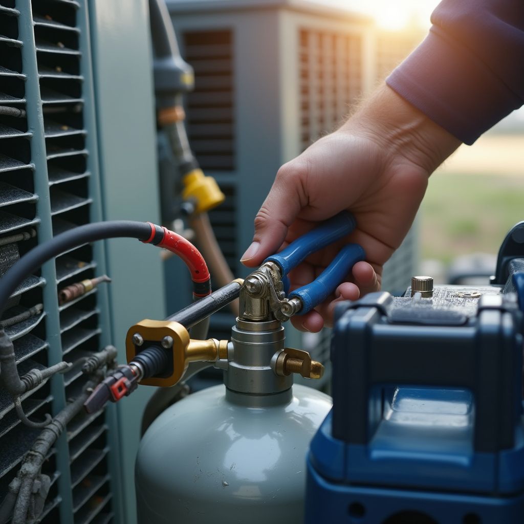 Hand with pliers connecting hoses to an air conditioning unit outside.