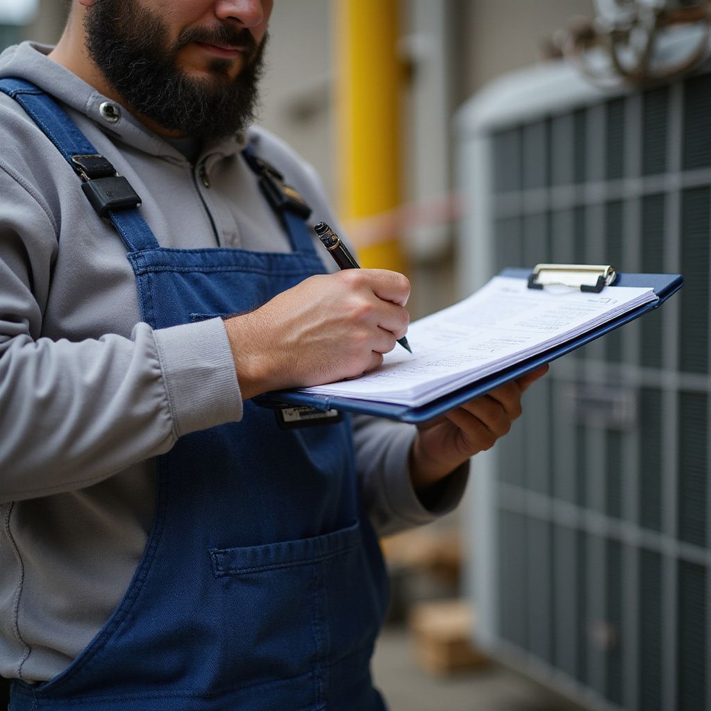 HVAC technician in overalls, inspecting unit, writing on clipboard outdoors.