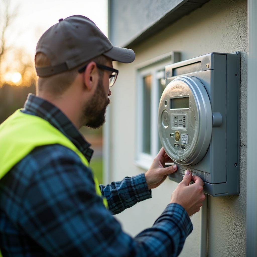 Man in cap and vest installing a smart meter on a building wall.