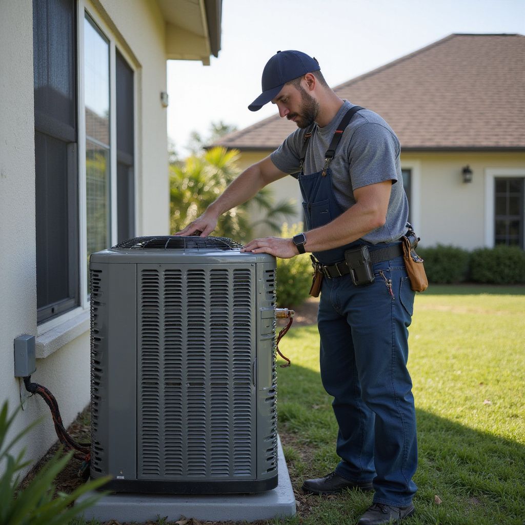 HVAC technician in overalls, inspecting an air conditioning unit near a house.