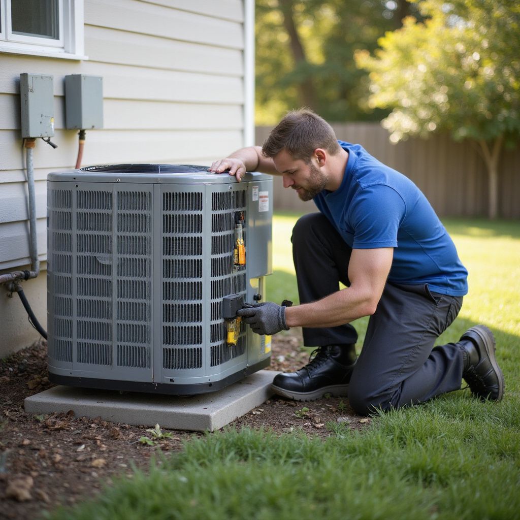 Man kneeling, servicing an air conditioning unit outside a house.
