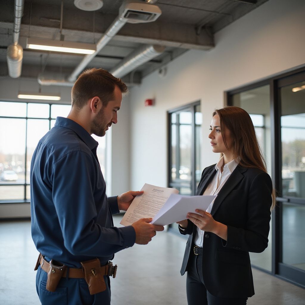 A man in workwear and a woman in a blazer reviewing papers in a modern office space.