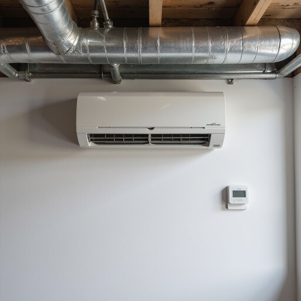 White air conditioner and thermostat on a white wall, with ductwork above.