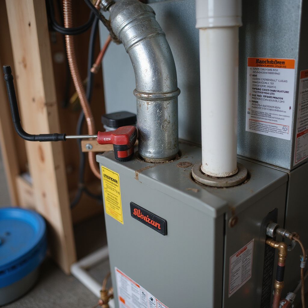 A gas furnace with ductwork. Gray metal cabinet with black and red accents. Various pipes and a handle are visible.