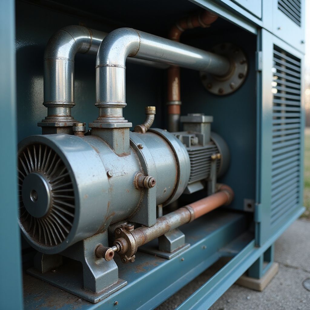 An industrial pump with silver and copper pipes inside a blue metal enclosure, outdoors.