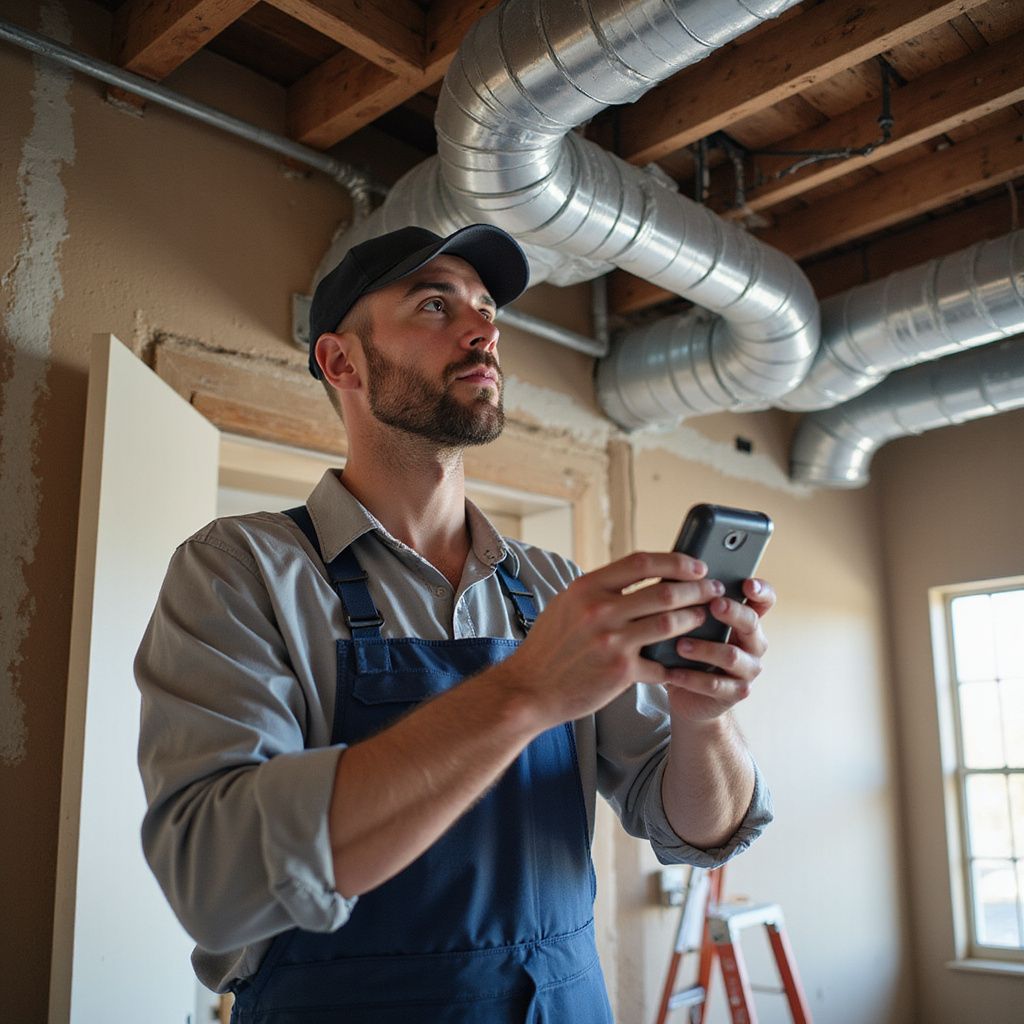 Man in overalls holding a phone, inspecting ductwork on a ceiling in a room under construction.